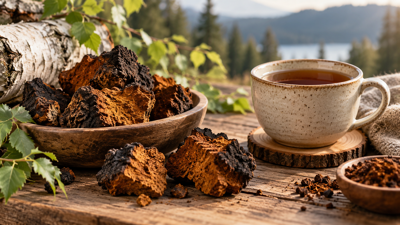 Wild chaga mushroom pieces and chaga tea