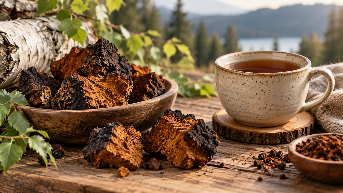 Wild chaga mushroom pieces and chaga tea